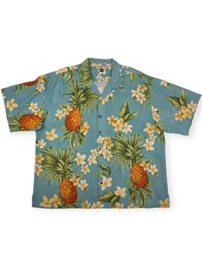 Tommy Bahama 100% Silk Hawaiian Pineapple Plumeria Floral Men's XXL Blue NWOT